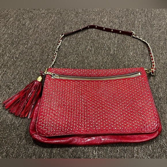 REBECCA MINKOFF Red Multi Zipper Chain strap Studs Shoulder Bag Purse - Picture 7 of 8